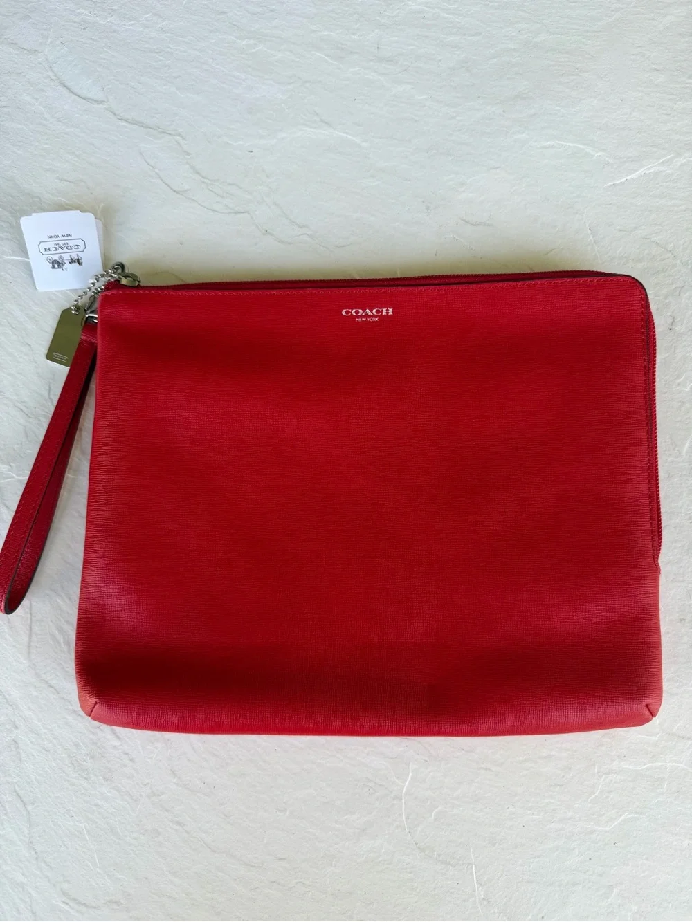 NWT Coach Red Crossgrain Leather Large Zip Wristlet Clutch Pouch Handbag